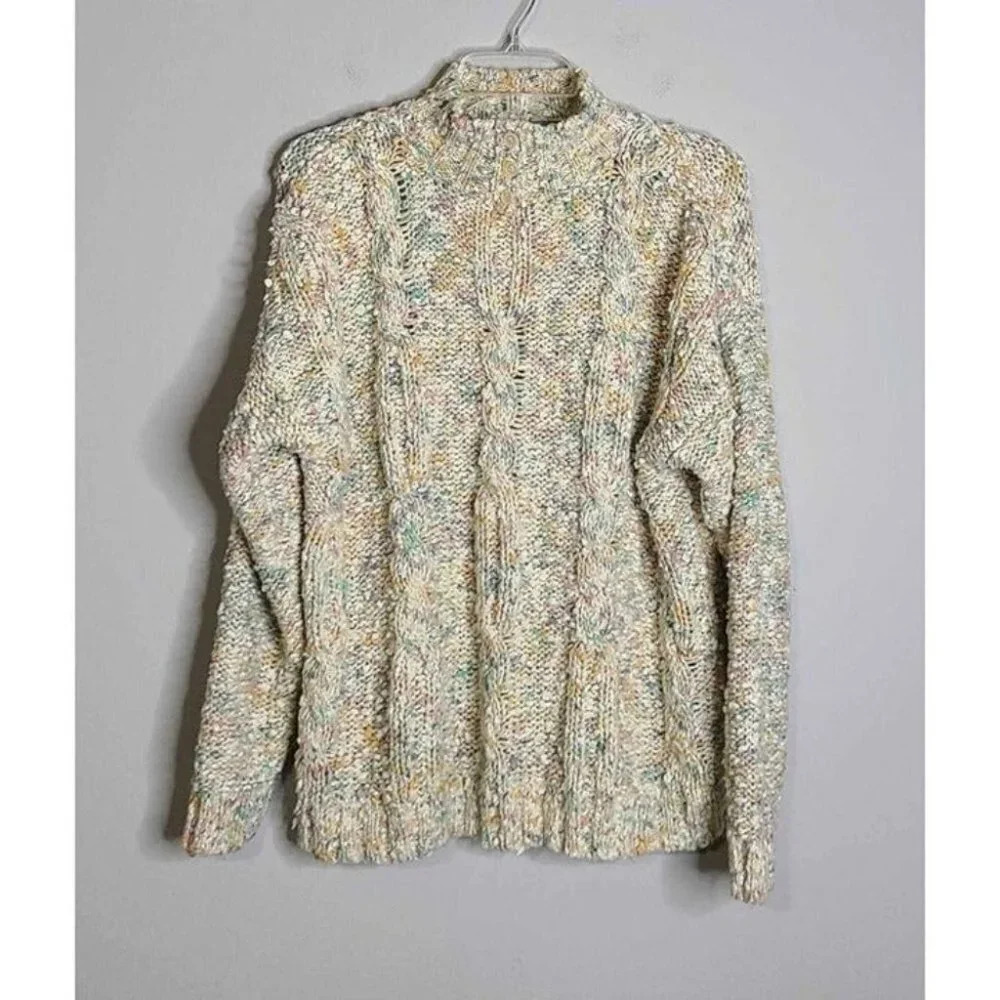 Vintage Amanda Smith Womens Cable Knit Long Sleeve Multicolor Flecked Sweater Sm